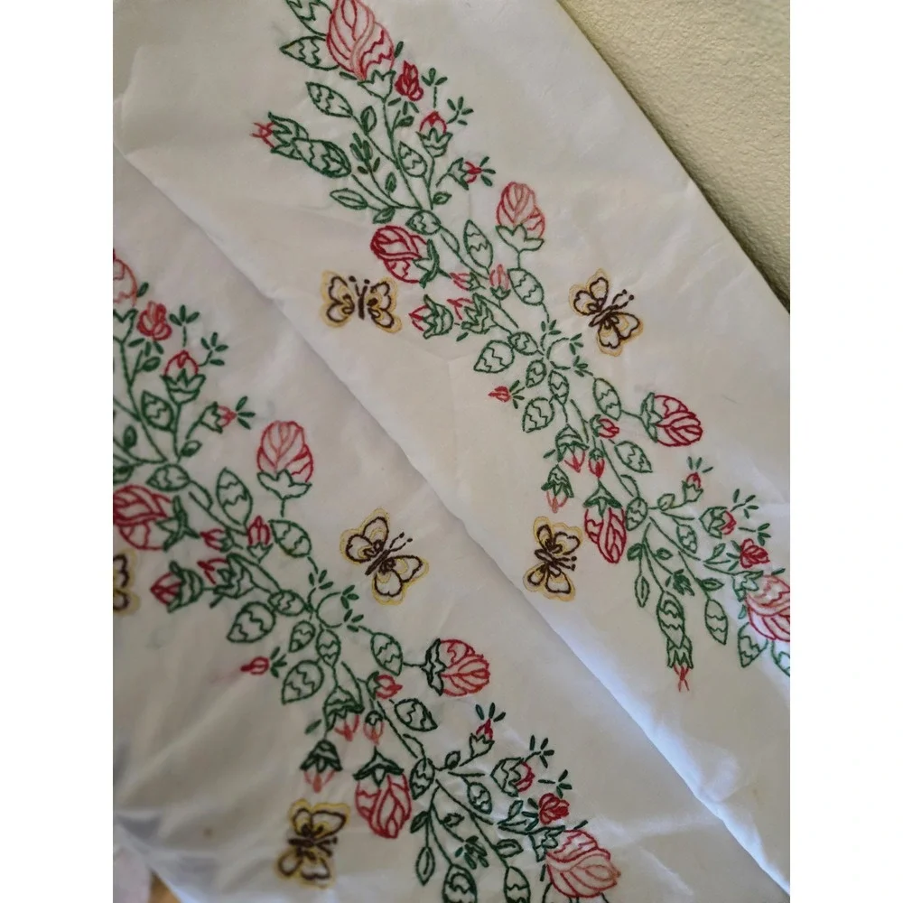 Vintage Embroidered Pillowcases Red Rose Cottagecore Pair Set Light Stain